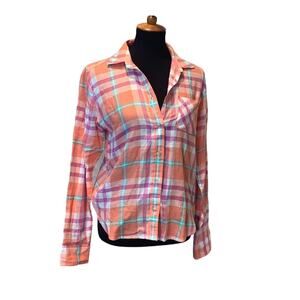 AEO Womens Small Orange Plaid Button Down 100% Cotton Button Down Shirt
